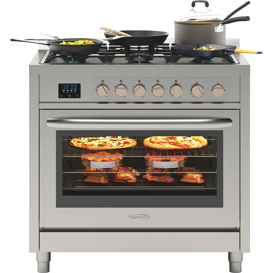 KoolMore 36” Inch Professional Gas Range Stove with 5 Burner Cooktop, Rapid Convection Oven, and Digital Timer with Heavy-Duty Cast Iron Grates, Stainless-Steel Appliance (KM-FR36GL-SS), Silver