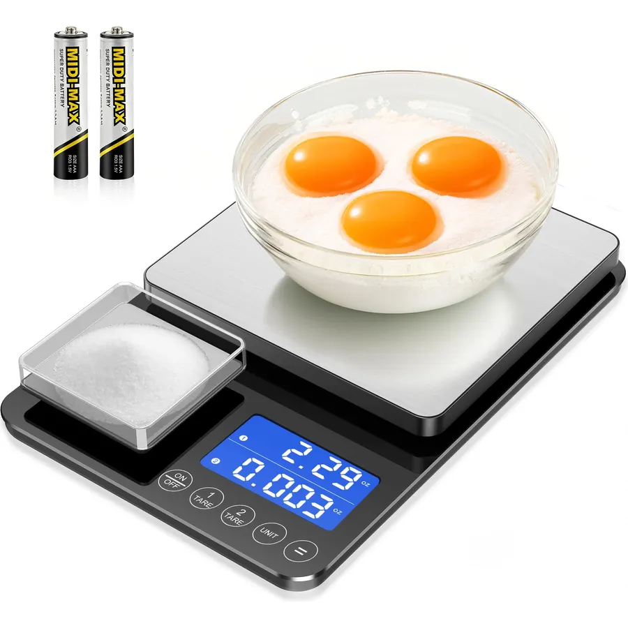 KUAIVO Dual Platform Digital Kitchen Scale, 33lb/15kg & 0.001oz/0.01g Precision, Two Scales in One, Coffee & Food Scale, Dual Display, Stainless Steel, Tare, g/oz/lb/ml