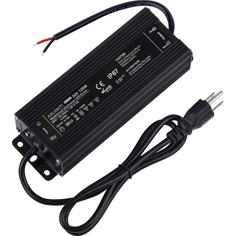LED Power Supply - 120W IP67 Waterproof, 24V DC for LED Strip Lights, 100V-265V AC Input, 3-Prong Plug with 3.3 Feet Cable