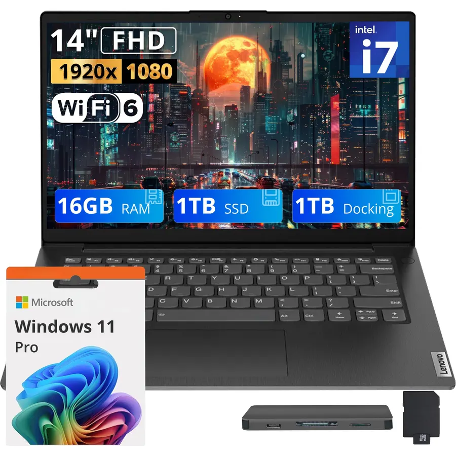 Lenovo V14 Business Laptop, 14" FHD Display, Intel Core i7-13620H, 16GB DDR4, 2TB Storage (1TB SSD+1TB Docking Station), ‎Intel UHD Graphics, Wi-Fi 6, 720p HD Camera, Win 11 Pro, Black