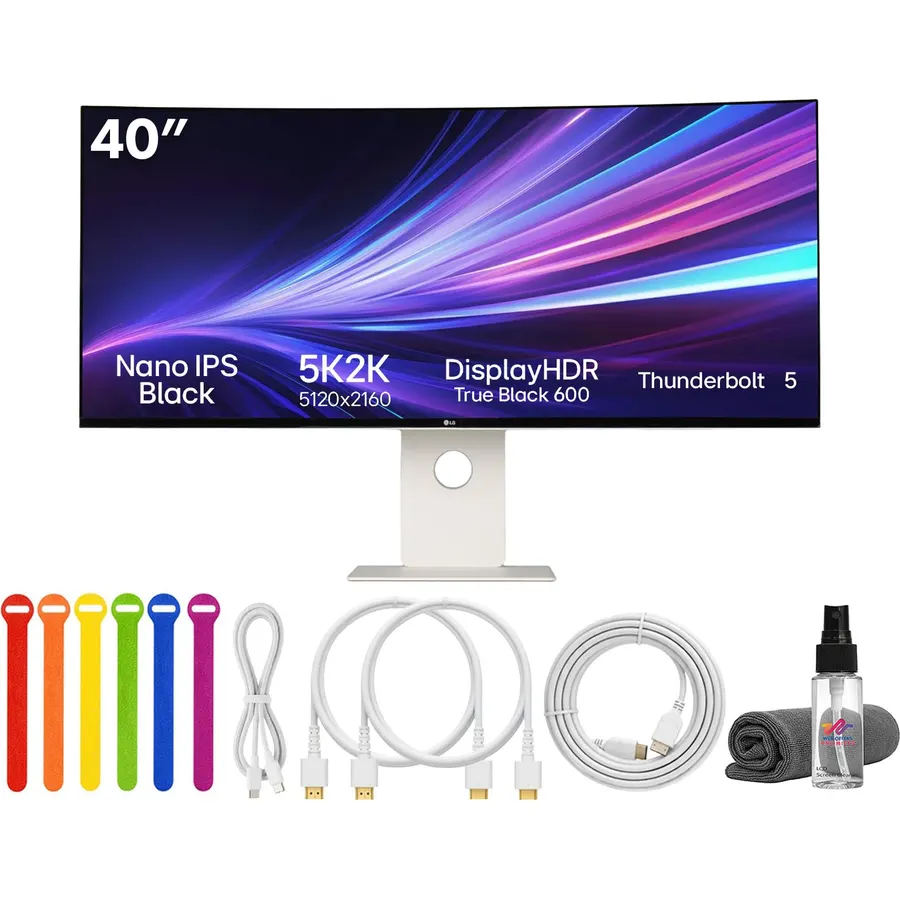 LG Ultrafine evo 40U990A 40" 5K2K (5120×2160) Curved Ultrawide Monitor | IPS Black, 120Hz, DisplayHDR 600, Thunderbolt 5, HDMI 2.1, DisplayPort 2.1, Built-in Speakers & Adjustable Stand - Bundle