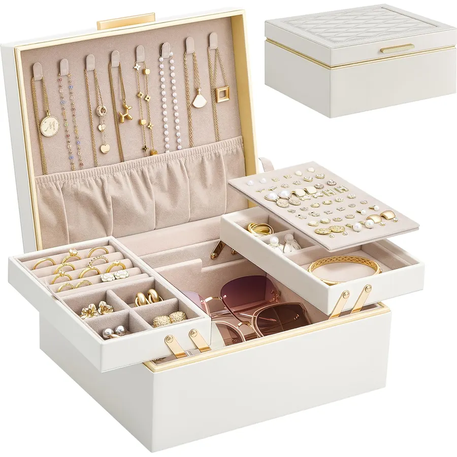 Lolalet Jewelry Box for Women Girls, 2 Layer Jewelry Organizer -Cream