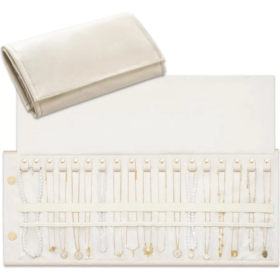 Lolalet Travel Necklace Organizer, Foldable Jewelry Case, Beige, 12 Slots