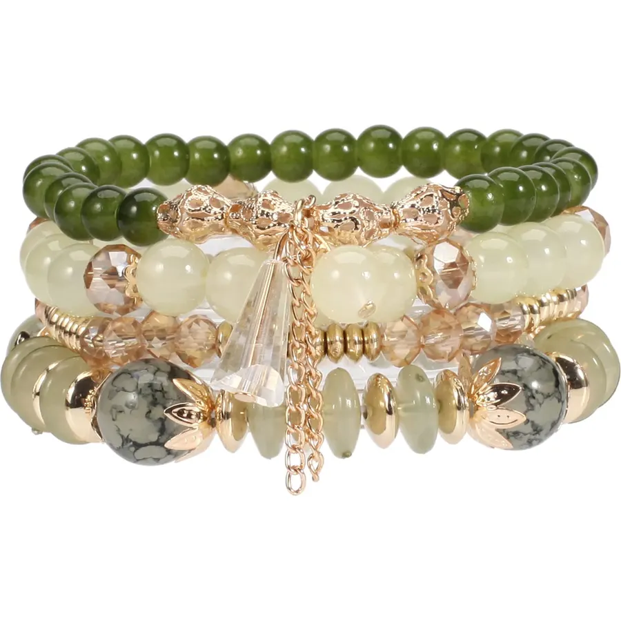 LOTSOF Bohemian Green Jade Stackable Bracelet Set - 4-Layer Stretch Beaded Bracelets with Gold Accents, Boho Jewelry for Women, Fashion Statement Accessory (Gift Ready)
