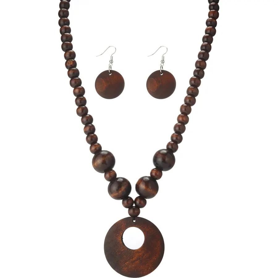 LOTSOF Boho Wooden Beaded Necklace and Earring Set for Women, Bohemian Chunky Statement Costume Jewelry, Round Drop Pendant Retro Ethnic Accessories Ladies Gift