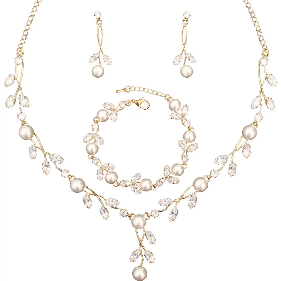 Luxury Cubic Zirconia Aurtrian Crystal Pearl Floral Necklace Dangle Earrings Wedding Bridal Jewelry Set Birthday Gifts for Her