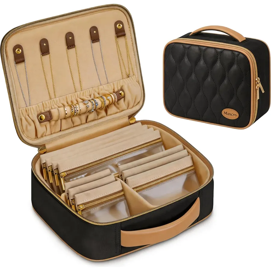 Mancro Travel Jewelry Case Organizer for Women with 10 Sorted Clear Pouches