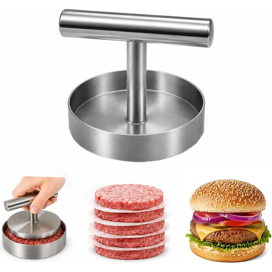 Manual Burger Patty Press, Stainless Steel Burger Patty Maker, Hamburger Press Patty Maker Easy to Demold, no Coating, Rust-Free, Non-Stick Hamburger Patty Maker for Kitchen Barbecue Grill