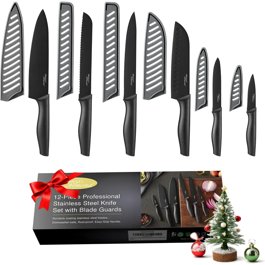 Marco Almond Kitchen Knife Set 12PC Kitchen Knives Set w Covers Black