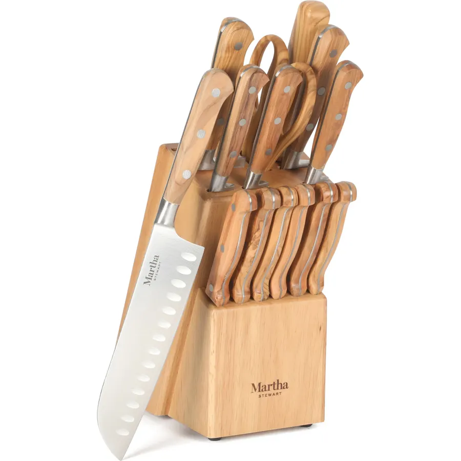 Martha Stewart Austenwood 15-Piece Knife Block Set, German Stainless Steel Kitchen Knives with Forged Italian Olive Wood Handle