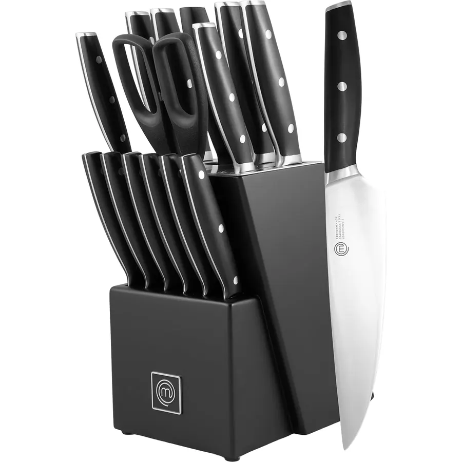 MasterChef Kitchen Knife Set with Block and Sharpener Plus Scissors, 15pc Chef Knife Set of Professional Grade Kitchen Knives with Sharpened High Carbon Stainless Steel Blades & Triple Riveted Handles