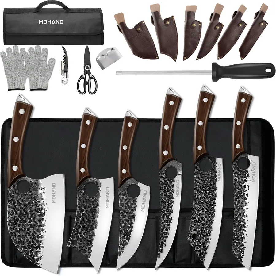 MDHAND Butcher Knife Set, Serbian Chef Knife Set with Roll Bag Gift for Men
