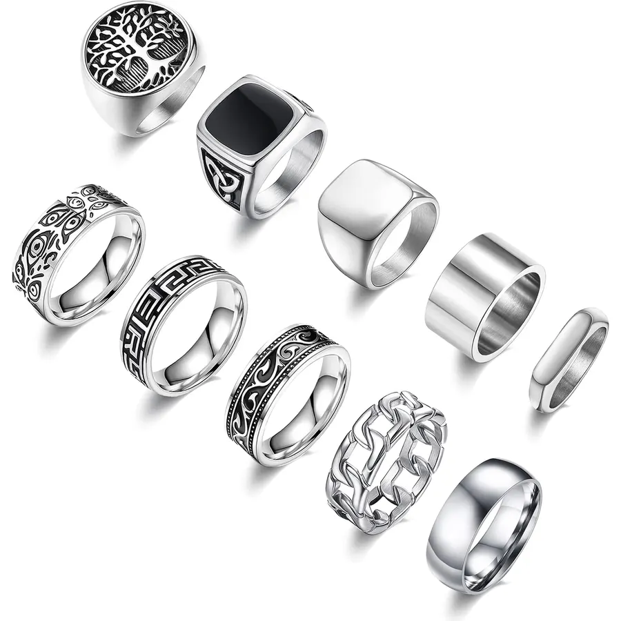 MEDOJO 10 Pcs Men's Stainless Steel Vintage Signet Ring Square Pinky Thumb Chunky Thin Band Ring Vintage Biker Band Rings Set 7-13