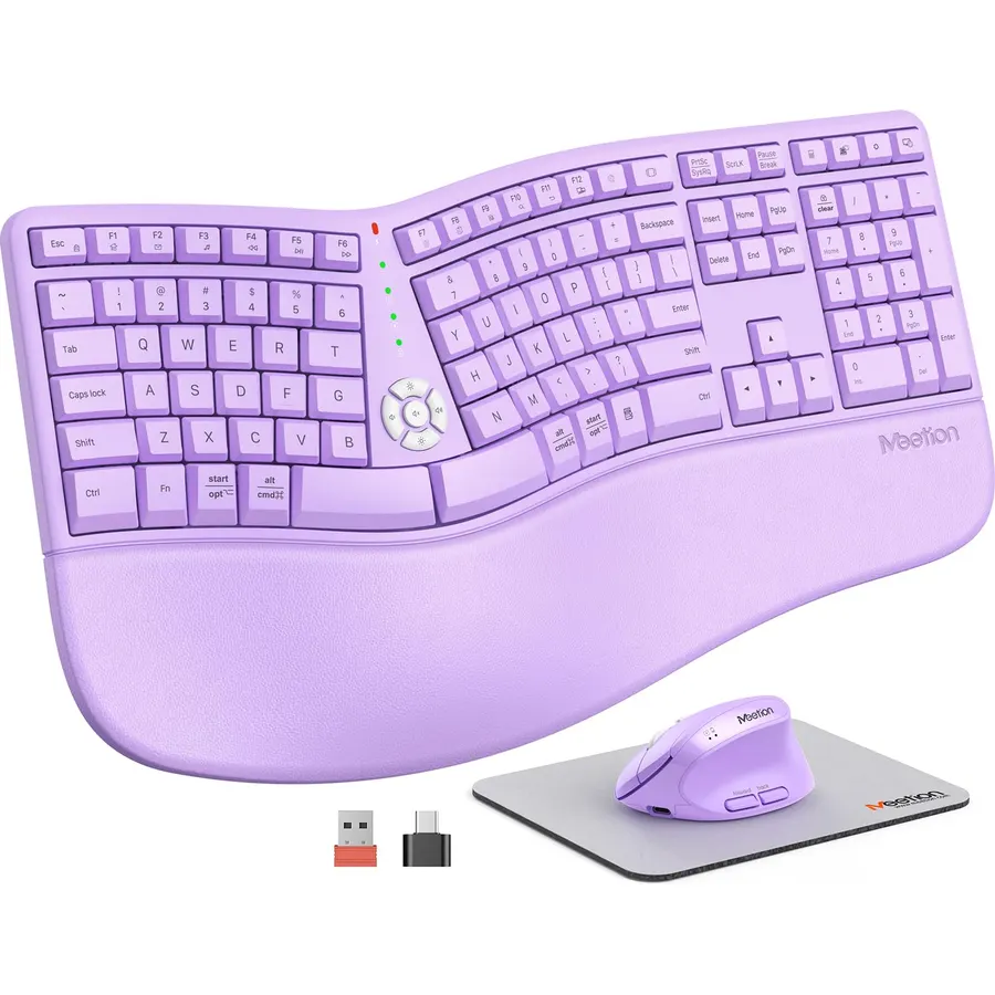 MEETION Ergonomic Keyboard Mouse Combo, Split Design Vertical Mouse, Purple