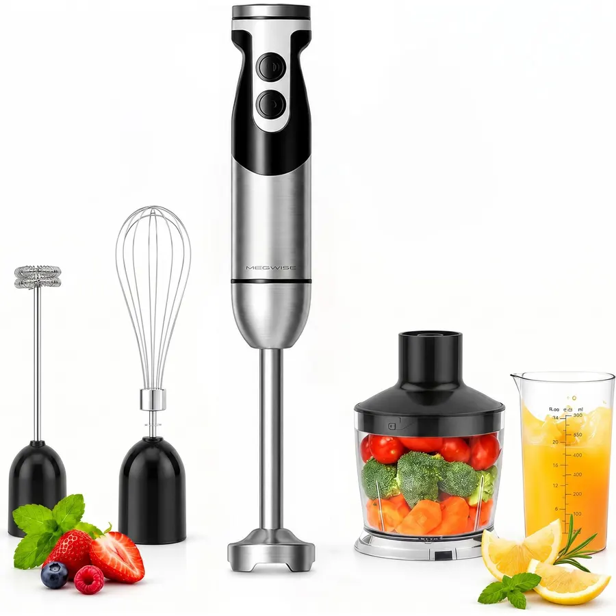 MegaWise 5-in-1 Hand Blender, Powerful Immersion Stick Blender with Titanium Reinforced Blades, 12-Speed Control, Includes Chopper, Beaker, Whisk & Frother for Smoothies & Baby Food