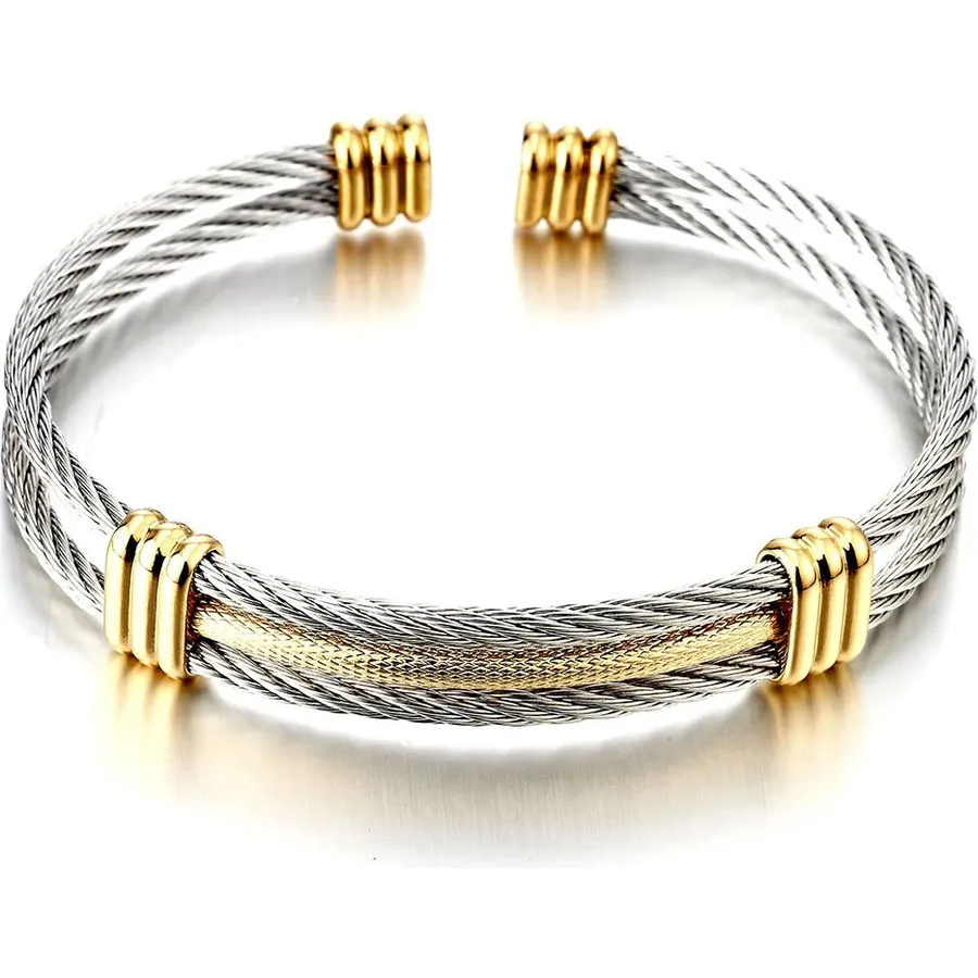 Men Women Stainless Steel Twisted Cable Adjustable Cuff Bangle Bracelet