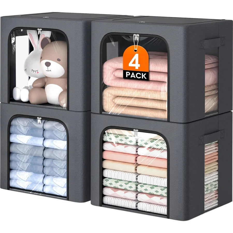 Metal Frame Clothes Storage Bins, Light Grey, 40L, 4 Pack