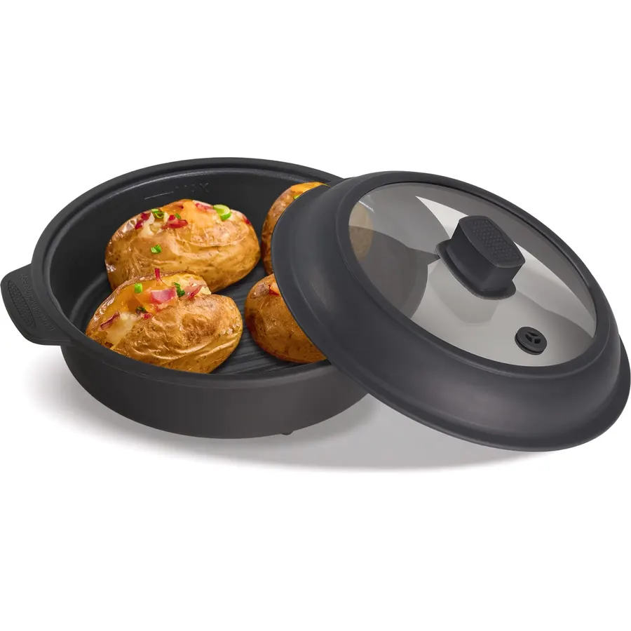 Microwave Grill Pan with Lid Nonstick for Bacon Burgers Fish Veggies Meat