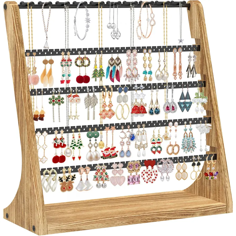 MODOWEY Earring Holder Organizer Necklace Display Stand Wooden Tree, Burnt