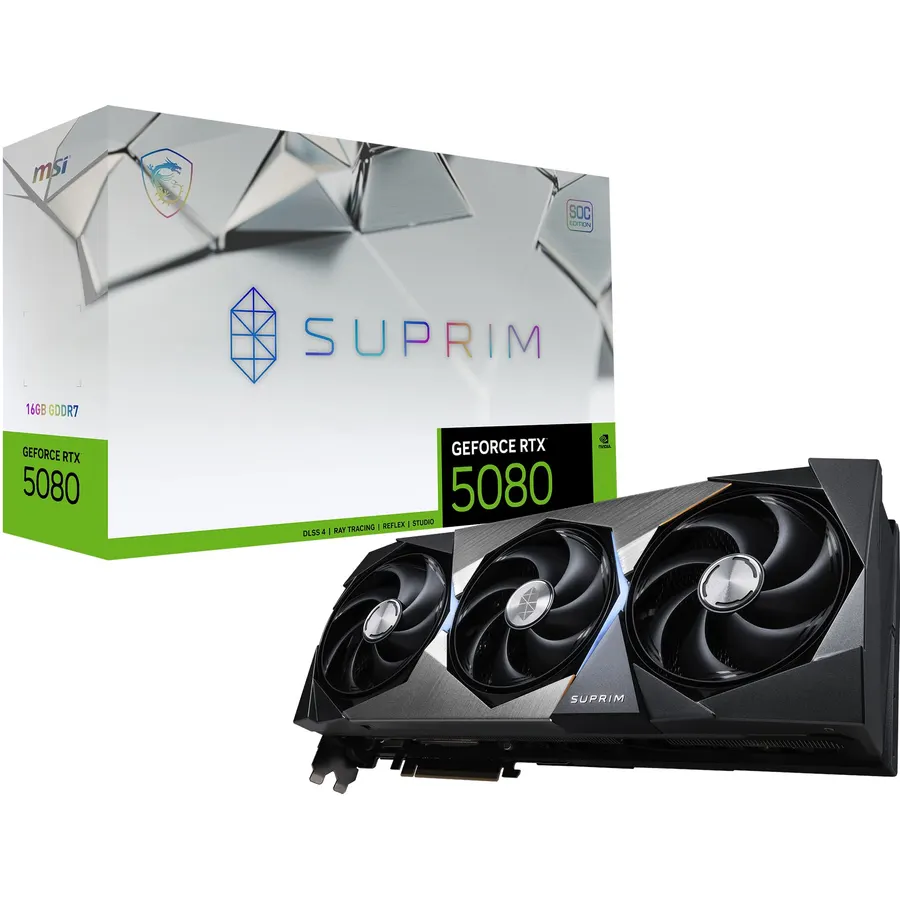 msi Gaming RTX 5080 16G SUPRIM Liquid SOC Graphics Card (16GB GDDR7, 256-bit, Extreme Performance: 2760 MHz, DisplayPort x 3 2.1a, HDMI 2.1b, NVIDIA Blackwell Architecture)