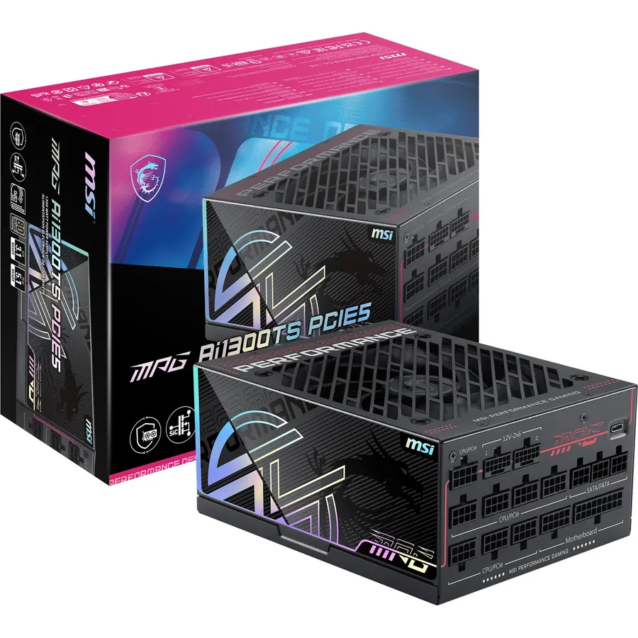 MSI MPG Ai1300TS PCIE5, Fully Modular Gaming 1300W Power Supply, 80+ Titanium, Dual 12V-2x6 Cables, GPU Safeguard+, SiC MOSFETs, Fan Safeguard, ATX 3.1 & PCIe 5.1 Ready,12 Year Warranty