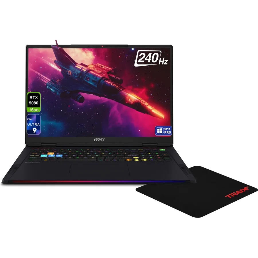 msi Raider 18 HX Gaming Laptop, Intel Ultra 9-285HX, 32 GB DDR5 RAM, 2 TB PCIe SSD, 18" QHD+ (2560x1600) 240Hz, Nvidia G-Force RTX 5080, RGB Backlit Keyboard, W11 Pro, Core Black + Traix Mousepad