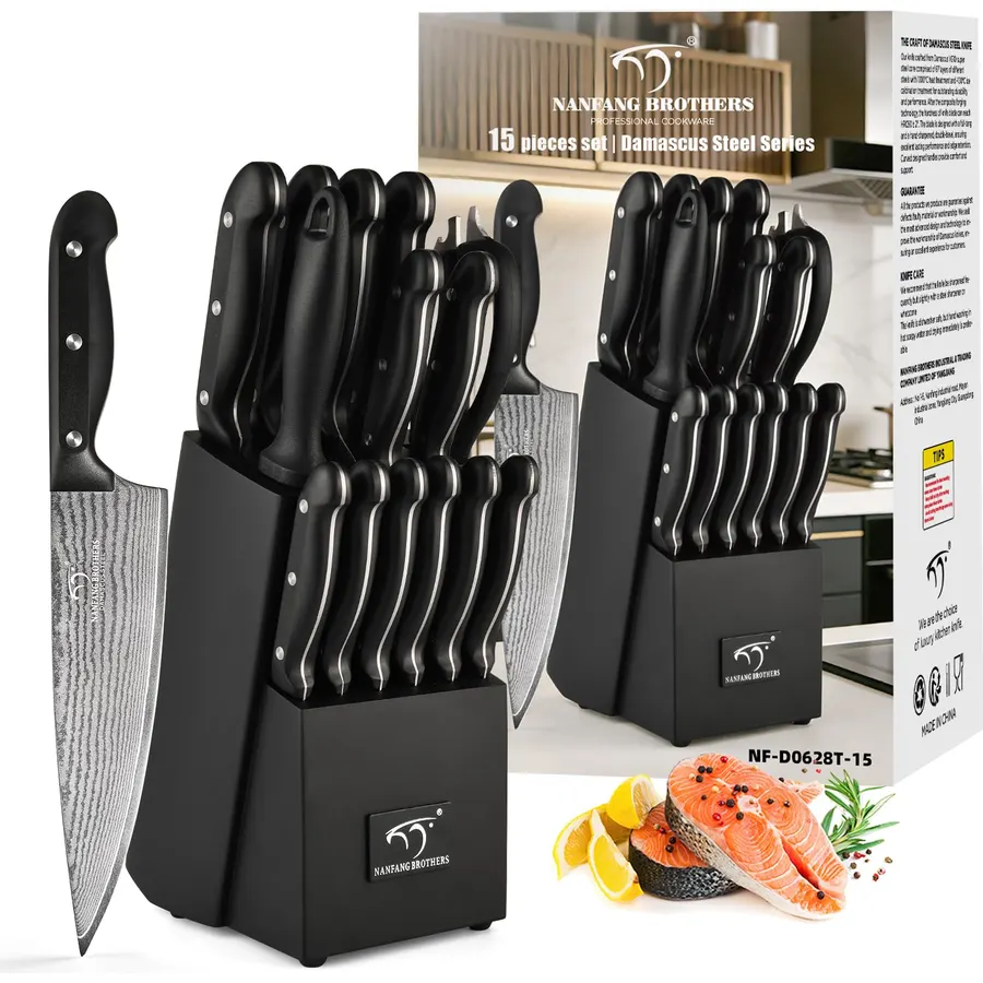 NANFANG BROTHERS 15-Piece Damascus Kitchen Knife Set with Compact Block