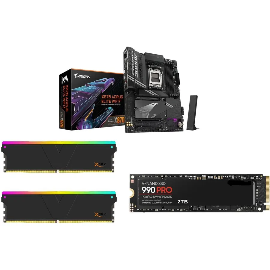 Newegg Motherboard SSD Memory Combo - X870 WIFI7 AM5, ATX, DDR5, 4X M.2, PCIe 5.0, USB4, Motherboard and XSky DDR5 32GB (2x16GB) 6000MHz CL30 RGB Memory 990 PRO 2TB SSD, PCIe Gen4 M.2 2280, 7,450MB/s