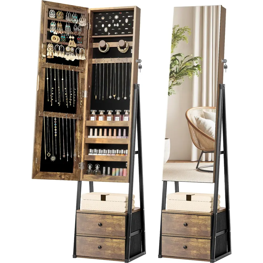Nicetree Mirror Jewelry Cabinet, Lockable Full Length Mirror, 2 Drawers