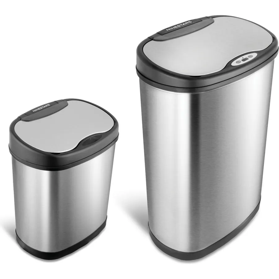Ninestars Two-Piece Automatic Trash Can Combo Set, 13 Gal (50L) & 3 Gal (12L) Touchless Motion Sensor Garbage Cans with Odor-Sealing Lids, Matching Oval Stainless Steel, Black Trim