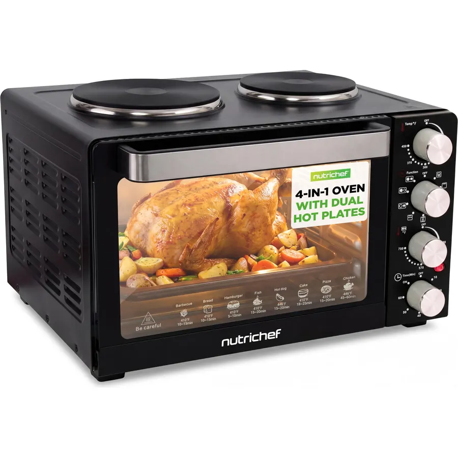NutriChef 30 Quart Kitchen Convection Oven & 2 Burner Cooker - 1500 Watt Oven - 7 Cook Functions Rotisserie, Cook, Bake, Broil & More - Includes Baking Tray, Skewers & Handles - 19.6 x 16.0 x 13.5 IN