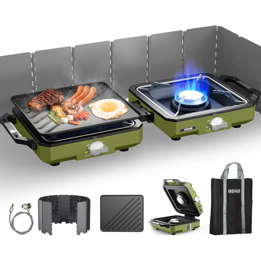 2 Burner Folding Camping Stove, 24000 BTU Propane Camp Stove with Windshield, Adjustable Burners Gas Stove with Frying Pan, Coffee Stand, Carry Bag for Camping, RV, Tailgating, Outdoor Picnic, Black