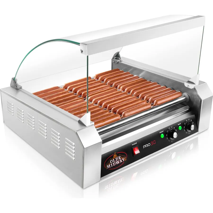 Leconchef Hot dog roller machine Commercial Grade Stainless Steel Electric 24 Hot Dog 7 Roller Grill Cooker Machine with Detachable Glass Cover、Dust cover and LED Lights, 1200-Watts