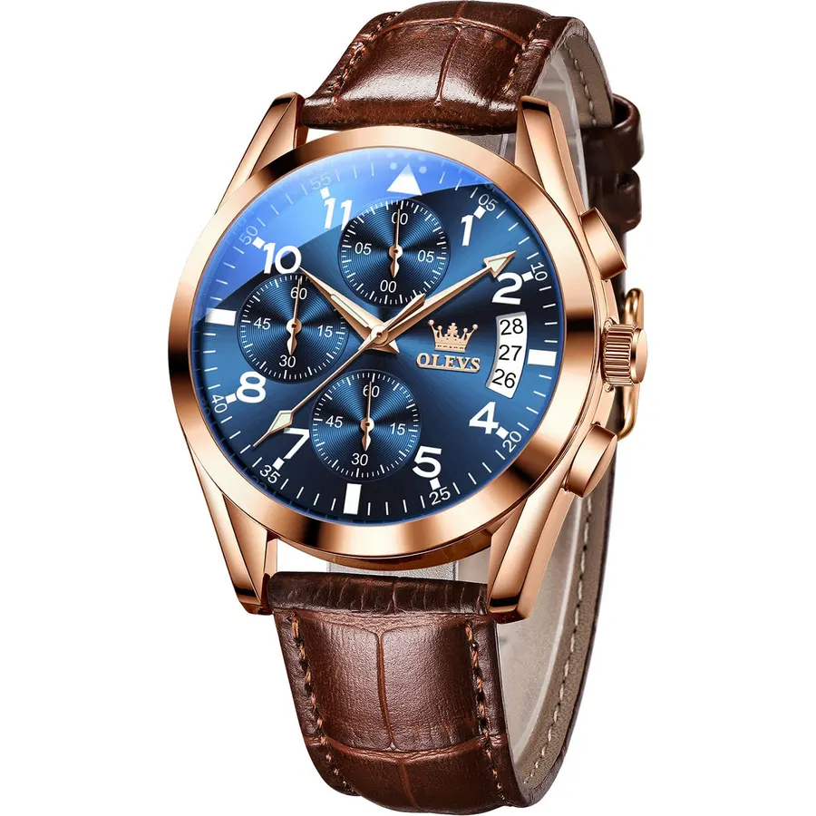 OLEVS Men's Casual Leather Watches Big Face Chronograph Watch for Men