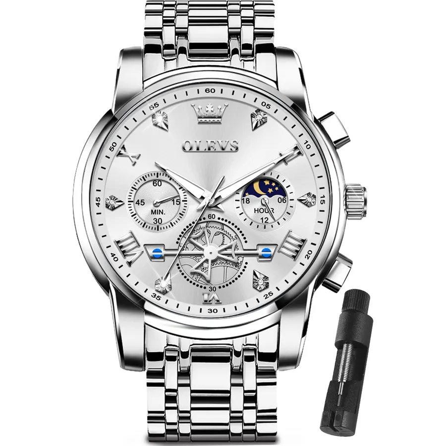 OLEVS Mens Watches Chronograph Luxury Dress Moon Phase Two Tone Stainless Steel Waterproof Luminous Business Calendar Wrist Watch