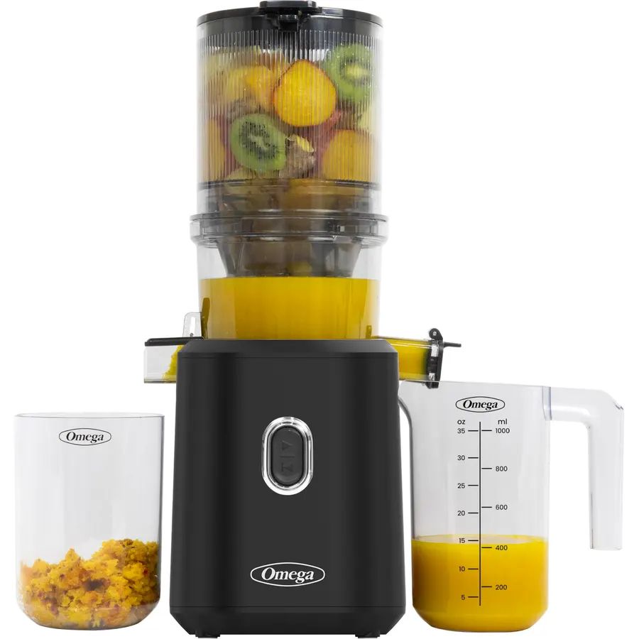 Omega Cold Press Juicer – Hands Free Juicer Machine for Vegetables and Fruits with Wide Mouth Hopper for Whole Recipe Juicing, Slow Masticating, Time Saving Series, Easy to Clean, 150-Watt Motor