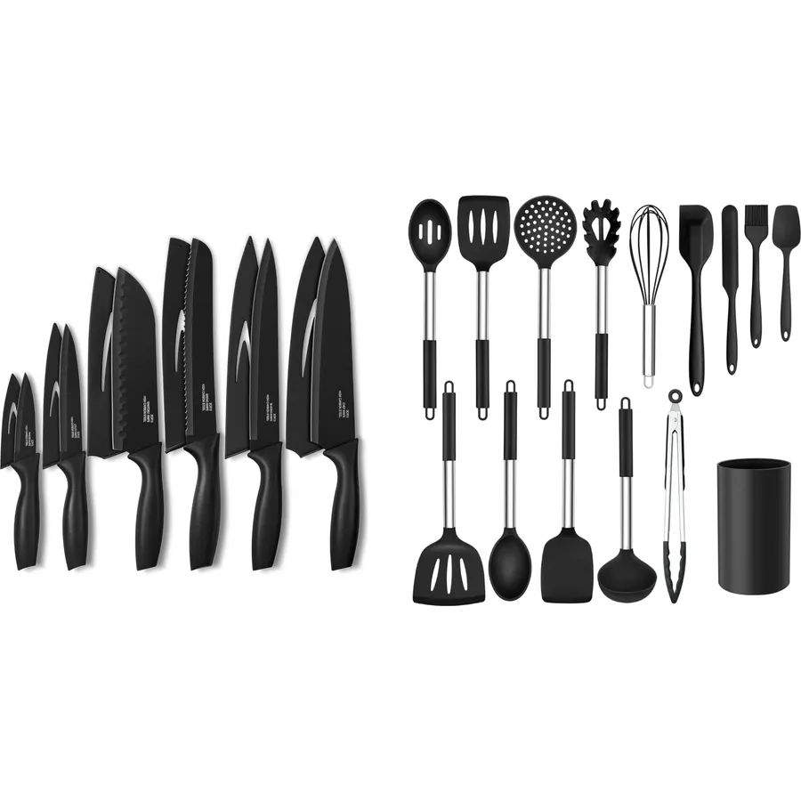 Onader Black Kitchen Knife Set, Stainless Steel Sharp Small Knives Set with Covers for Kitchen, 12 Pieces, and Kitchen Utensils Set, 15 Pcs Silicone Cooking Utensils Set with Holder Black