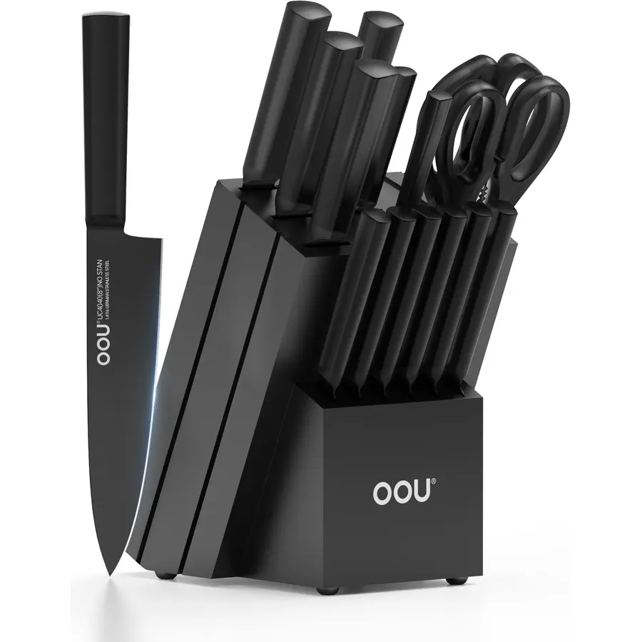 OOU Kitchen Knife Block Set - 15 Pieces High Carbon Stainless Steel Knife Block Set with Built-in Sharpening Blocks, Black