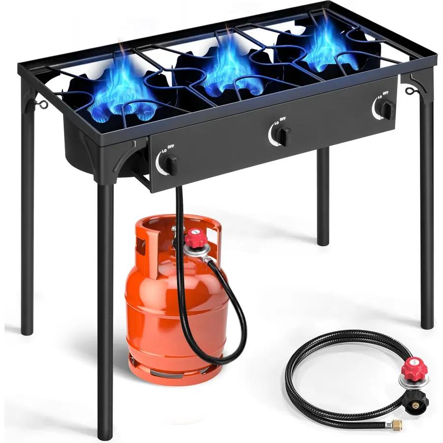 ROVSUN 3 Burner Propane Gas Stove with Carrying Bag, 225,000 BTU Patio Outdoor Camping Burner with Wind Panel & CSA Listed Regulator, Picnic Cooker for Home Patio Cooking Brewing Turkey Frying Canning