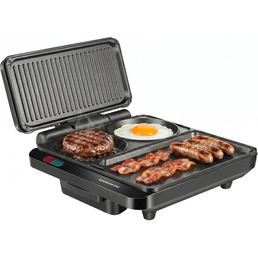 OVENTE Sandwich Maker and Hamburger Grill, 1000W, Black HMG111B