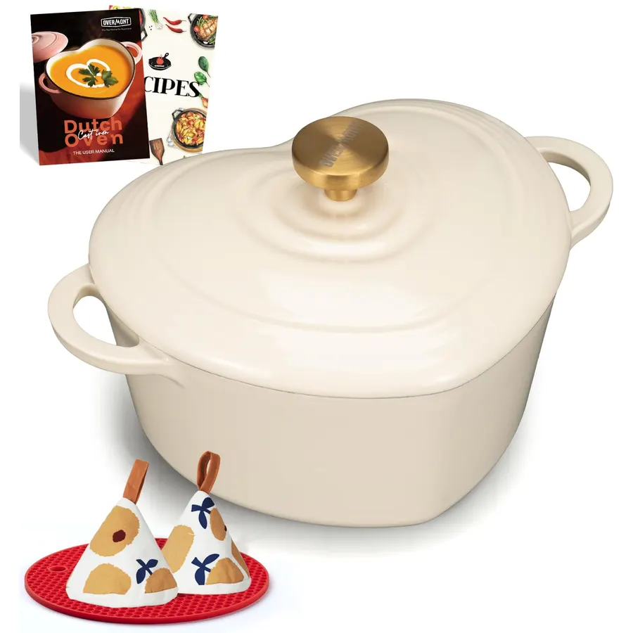 Overmont Enameled Cast Iron Dutch Oven - 2QT Heart-Shaped Mini Pot with Lid