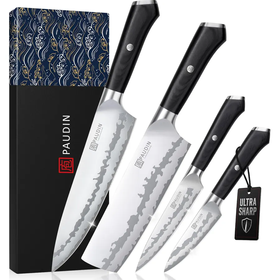 PAUDIN Kitchen Knife Set, Ultra-Sharp 9-Layer High Carbon Steel Knives for Meat and Vegetables, Ergonomic Wooden Handle,62 HRC Kitchen Chef Knife Set for Cooking,BBQ,Meal Prep,Gifts for Men Women