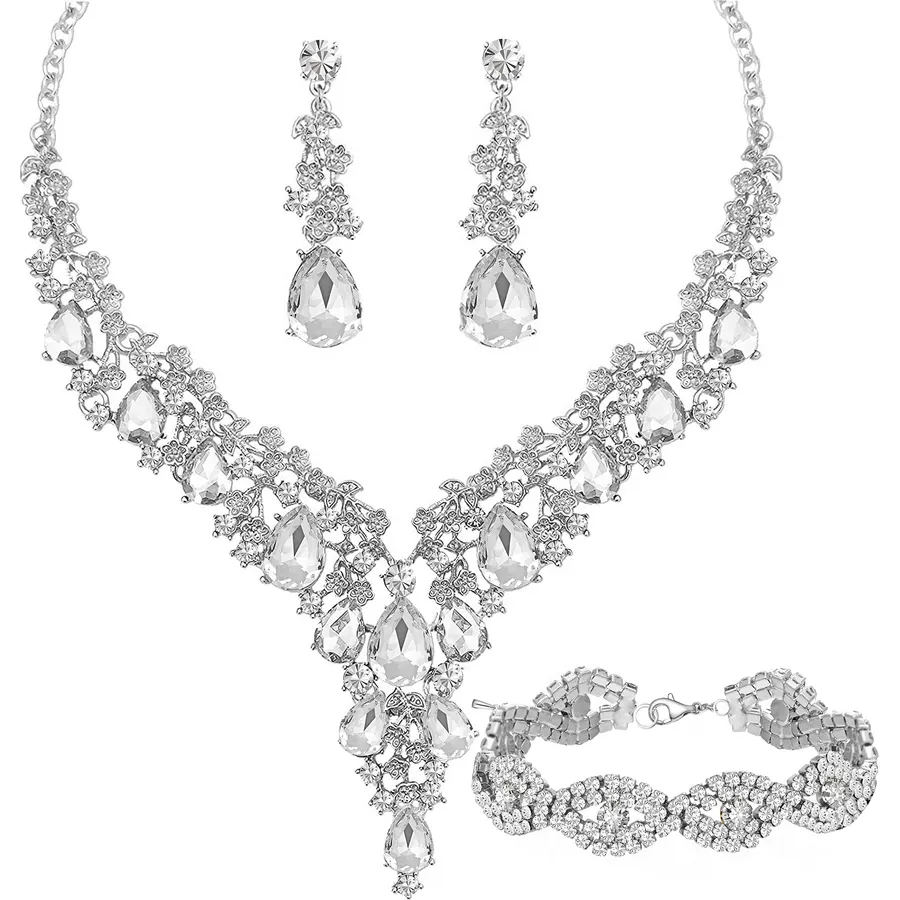 Paxuan Wedding Bridal Bridesmaid Austrian Crystal Rhinestone Jewelry Sets Statement Choker Necklace Earrings Bracelets Sets for Wedding Party Prom