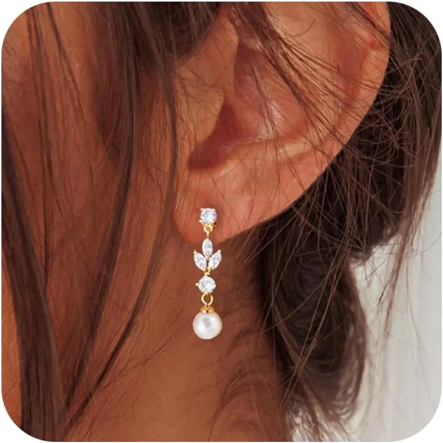 14K Gold Plated/Sterling Silver CZ Pearl Drop Dangle Earrings for Women