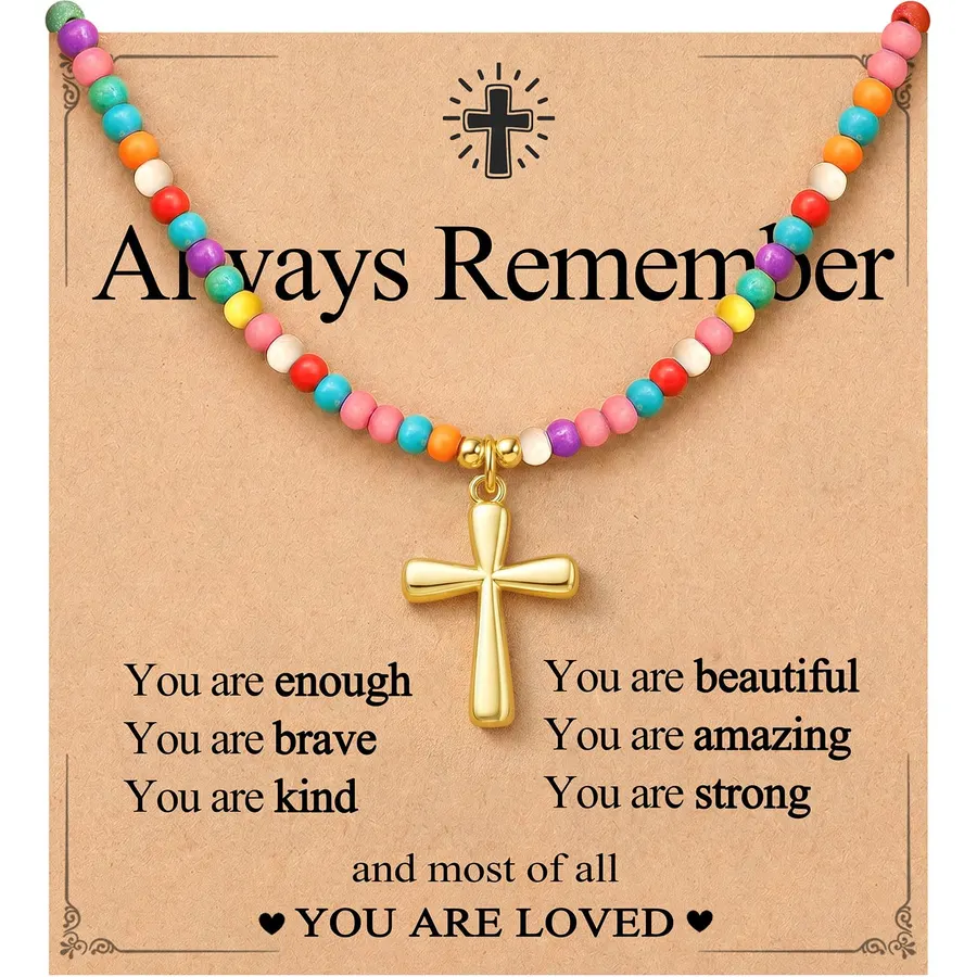 PINKDODO Colorful Bead Cross Necklace for Girls Christian Gifts with Crad