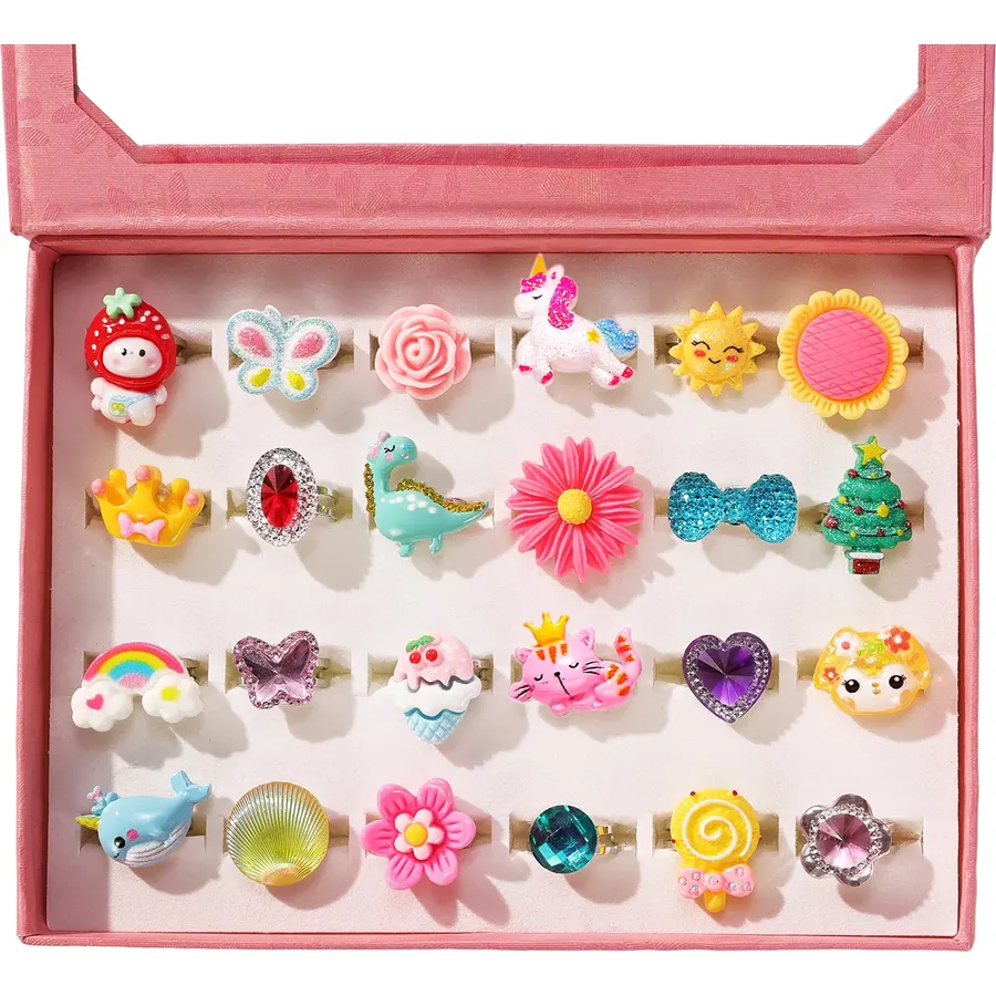 PinkSheep Little Girl Jewel Rings in Box,24 Lovely Girls Rings