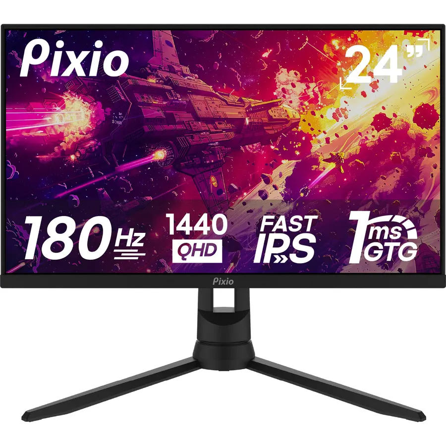 Pixio PX24Q Pro 24 inch 180Hz Refresh Rate QHD 1440p Fast IPS 1ms GTG Response Time Gamnig Monitor with PS1S Wave Black Single Monitor Arm