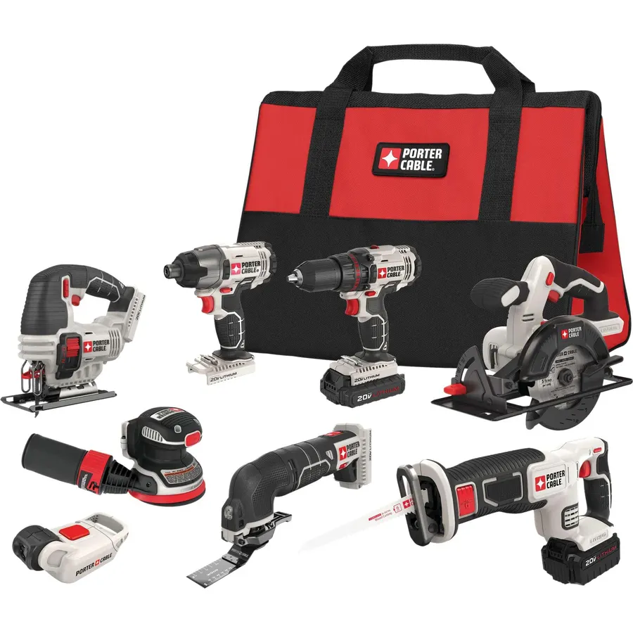 PORTER-CABLE 20V MAX Lithium Ion 8-Tool Set, 2 Batteries & Charger Included (PCCK6118)