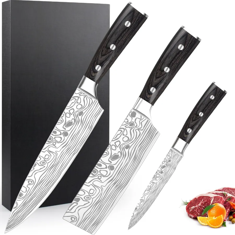 Professional Chef Knife Set,3pcs Kitchen Knife Set, High Carbon Stainless Steel Knives Set with Finger Protection, Knife Sharpener,Meat Cleaver and Vegetable