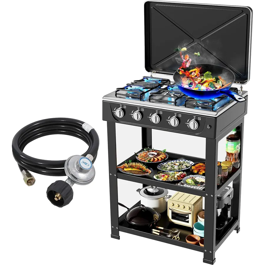 5 Burner Propane Gas Stove, 400000 BTU Portable Gas Stove with Support Leg Stand and Wind Blocking Cover Adapter Auto Ignition Camping Stove, Propane Burner for RV, Apartment, Outdoor Cooking